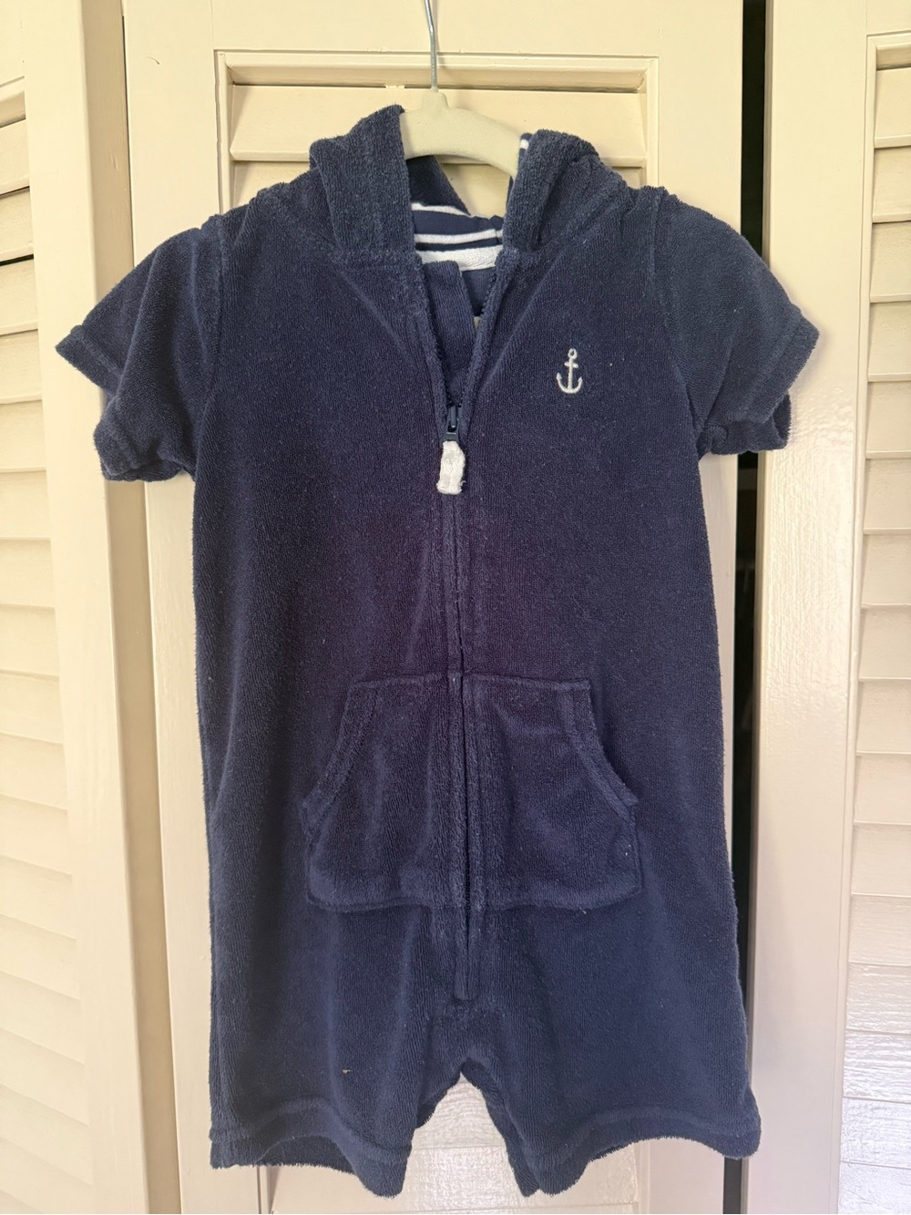 Carter's Navy Blue Hooded Terry Short Romper with Anchor